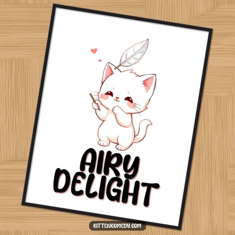 Funny kawaii kitten digital art print, happily batting at a feather, cute, energetic, and humorous depiction.