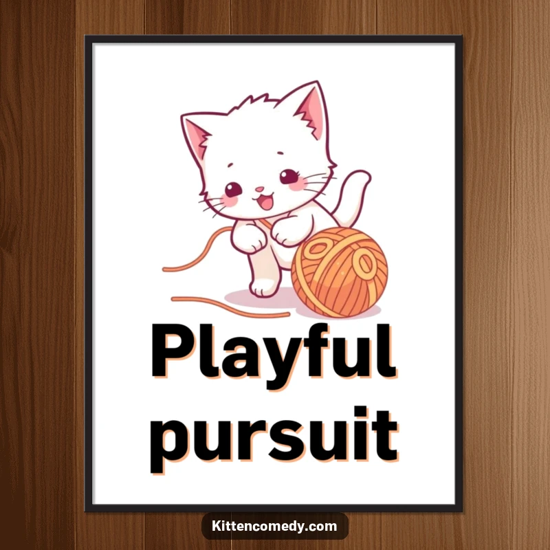 Funny kawaii kitten digital art print, playfully chasing yarn, cute, energetic, and humorous depiction.
