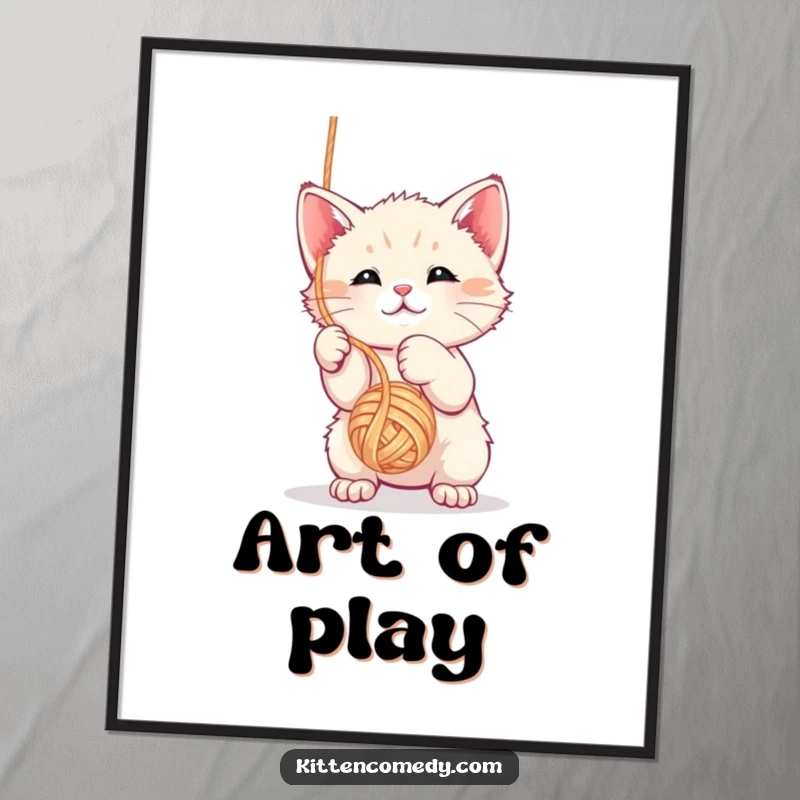 Funny kawaii kitten digital art print showing the playful cat batting at a ball of yarn.