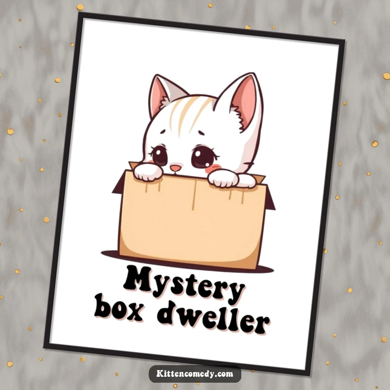 Funny kitten curiously peeking into a box, available as a digital art print for instant humorous home decor, a perfect funny gift.