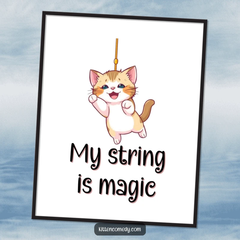 Funny kitten digital art print featuring an excited kitten pouncing on a dangling string, offering instant humorous wall decor.