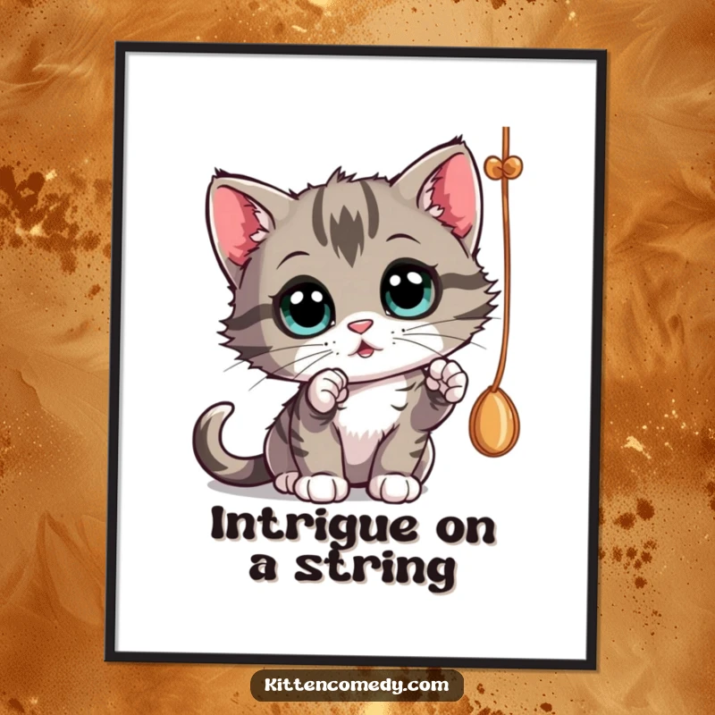 Funny curious kitten batting at a dangling string with wide eyes, printable digital art for a funny gift.