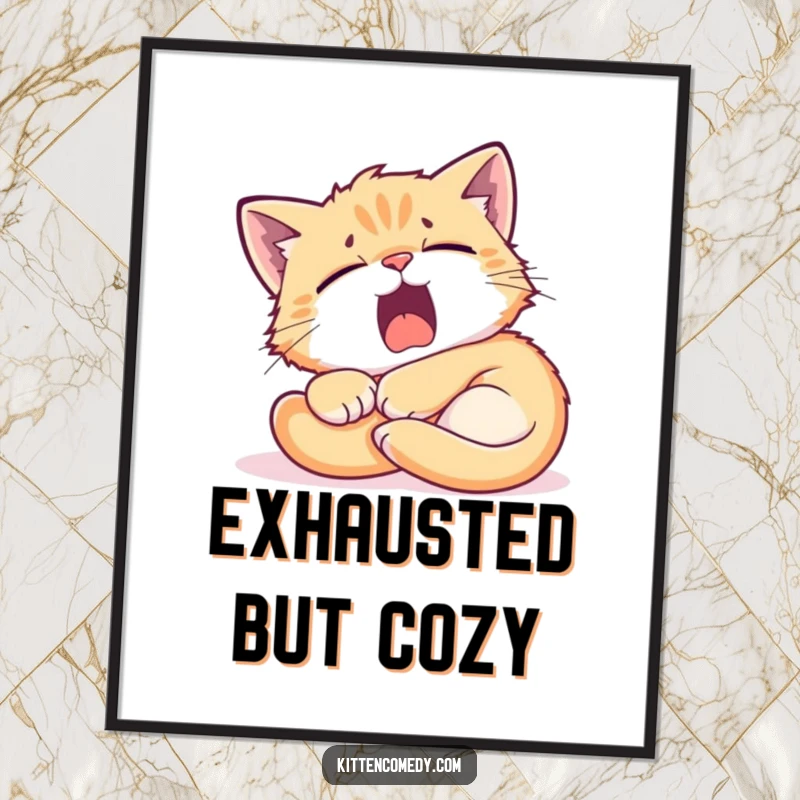 Funny Kitten Sunbeam Digital Art Print: A tired kitten yawning in a sunbeam, instant funny wall art.