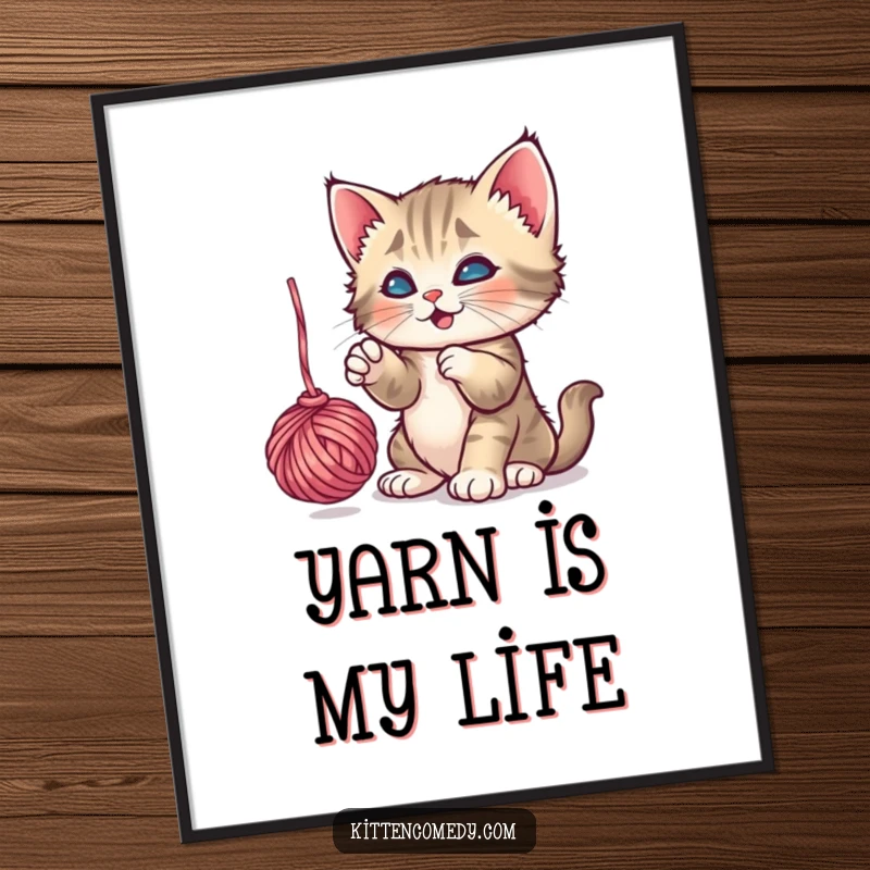 Funny Playful Kitten Yarn Digital Art Print: A kitten gleefully batting a dangling ball of yarn, instant funny decor.