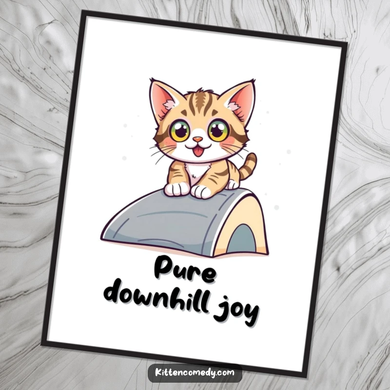 Funny sliding kitten digital art print, a cute kitten with exaggerated wide eyes sliding down a ramp, ready for instant humorous display.