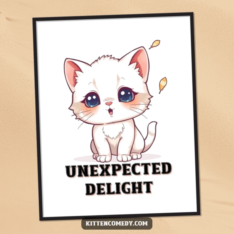 Funny digital art print of a kitten with a surprised expression reacting to a falling feather. Comical and expressive wall decor.