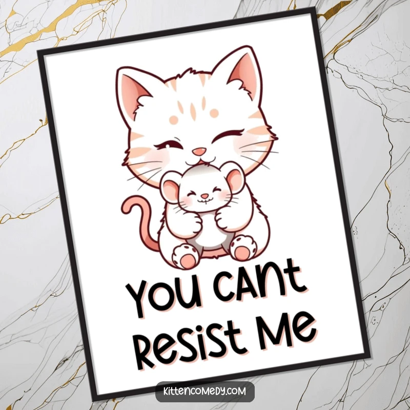 Funny digital art print of a winking kitten character with a mischievous grin, offering a tiny mouse toy, full of playful spirit.