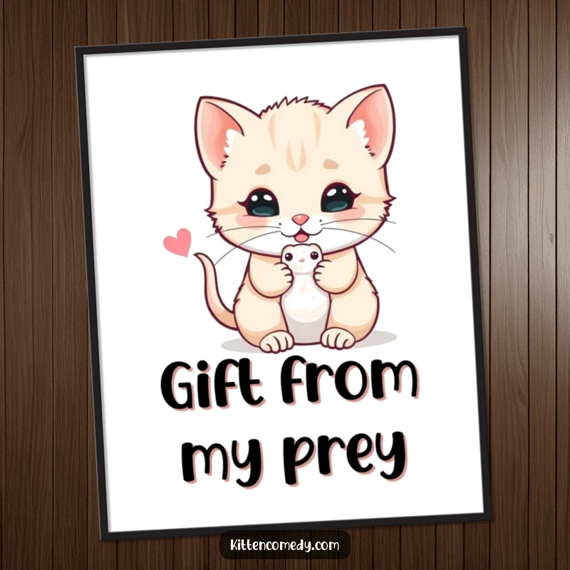 Funny digital art print of a kitten offering a toy mouse with a purr, perfect for adding adorable feline charm.