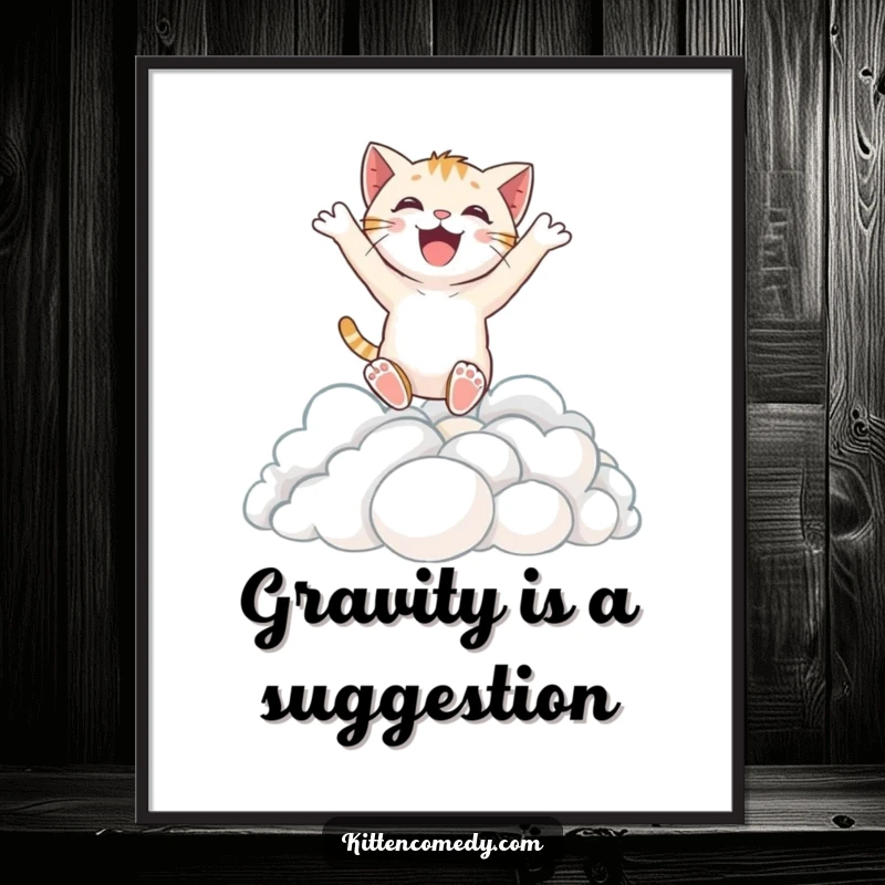 Funny digital art print of an excited kitten character joyfully leaping into soft, dreamy clouds, capturing sheer delight.