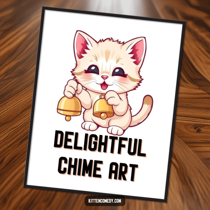 Funny Kawaii Kitten Digital Art: A high-resolution image of a cute kitten eagerly pawing at a dangling bell.