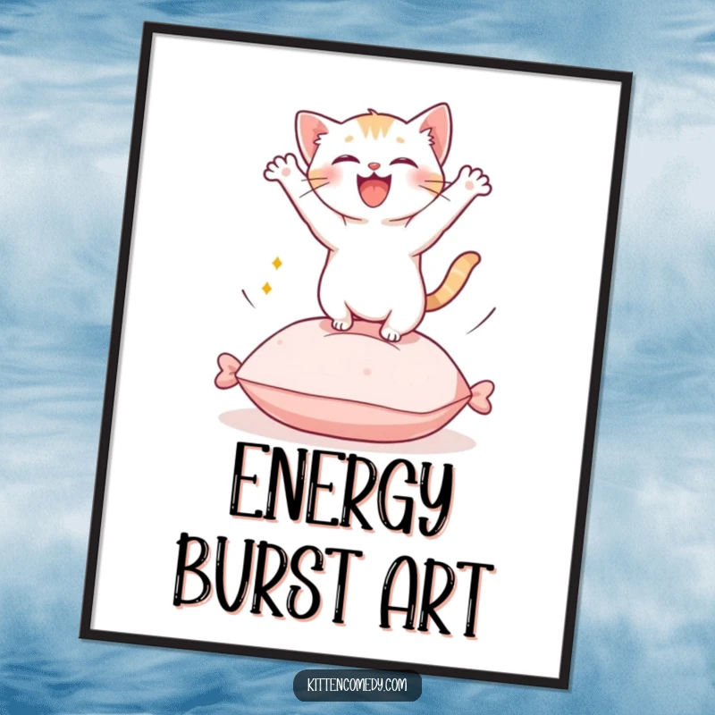 Funny Kawaii Kitten Digital Art: A high-resolution image of a cute kitten leaping energetically from a cushion.