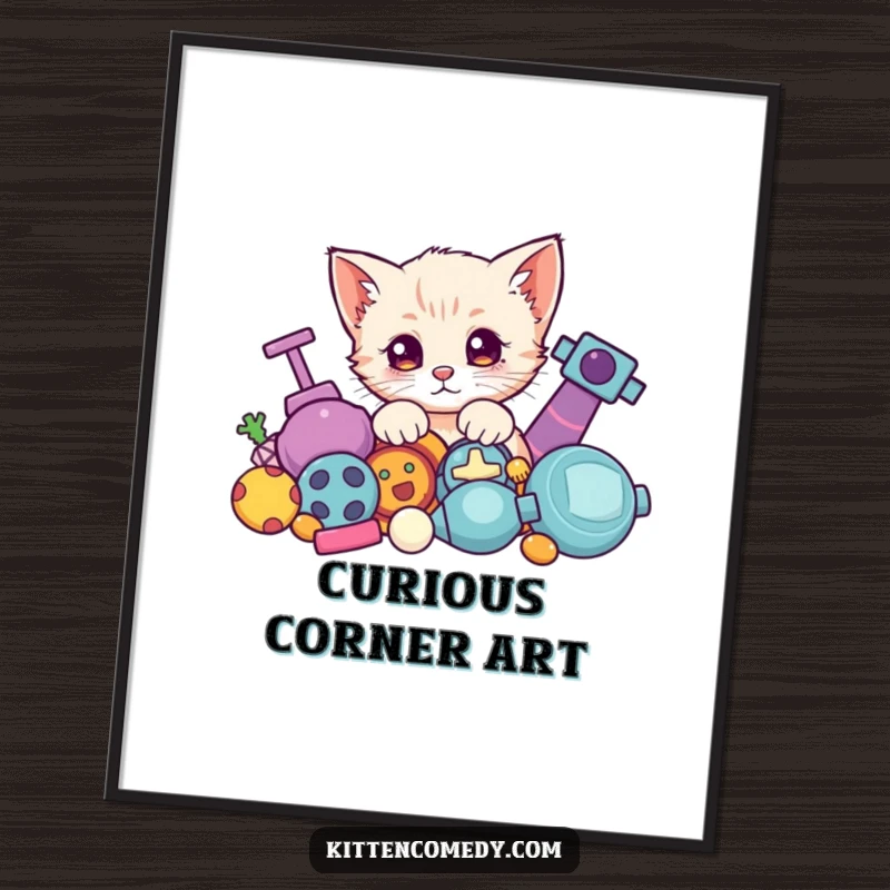 Funny Kawaii Kitten Digital Art: A high-resolution image of a cute kitten playfully peeking from behind toys.