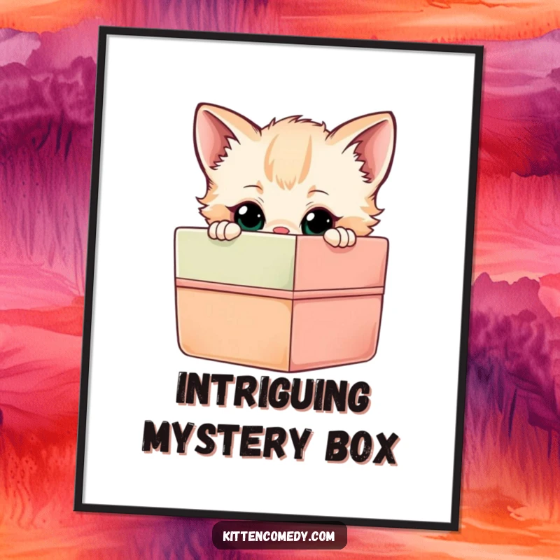 Funny Kitten Gift Box Digital Art Print: A curious kitten peeking into a gift box, instant funny wall art.
