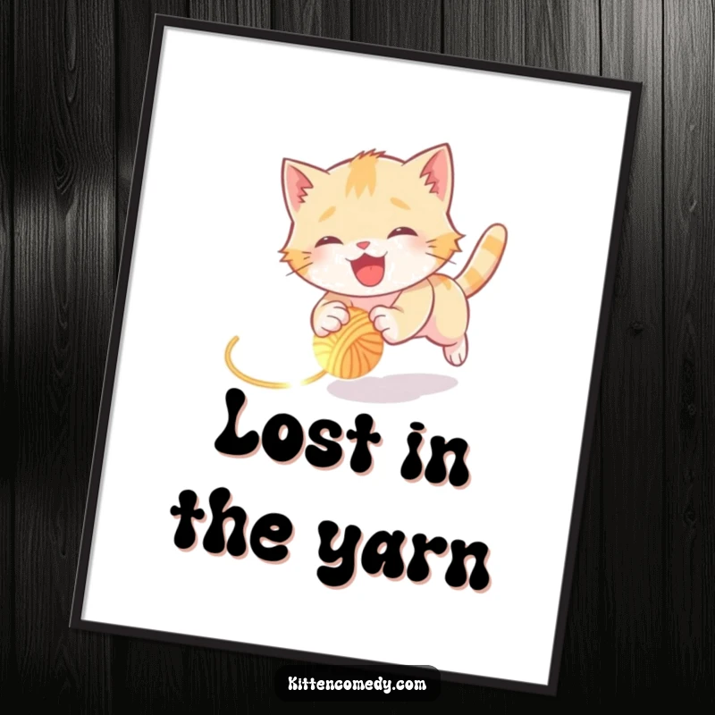 Funny kitten digital art print showing a joyful kitten tumbling while chasing a glowing yarn ball, offering instant humorous decor.