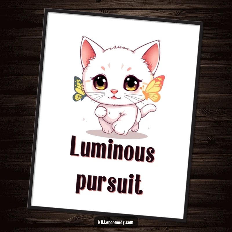 Funny kawaii kitten digital art print of a wide-eyed cat chasing a glowing butterfly.