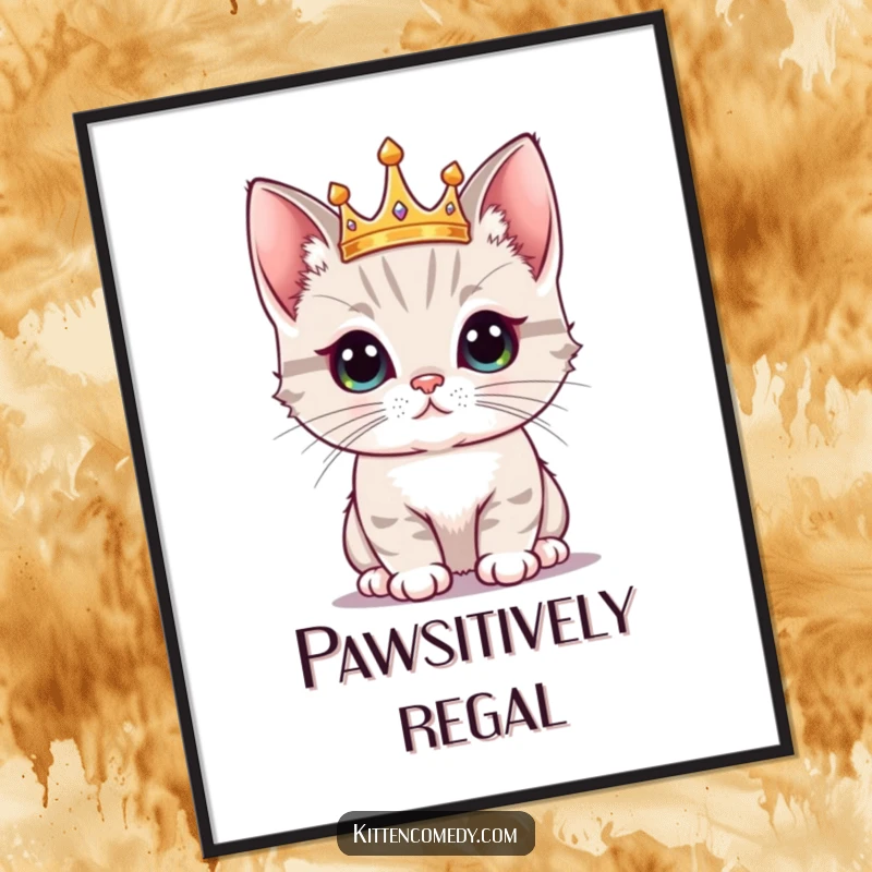 Funny Kawaii Kitten Crown Digital Art Print: A proud kitten with a crown, instant regal funny decor.