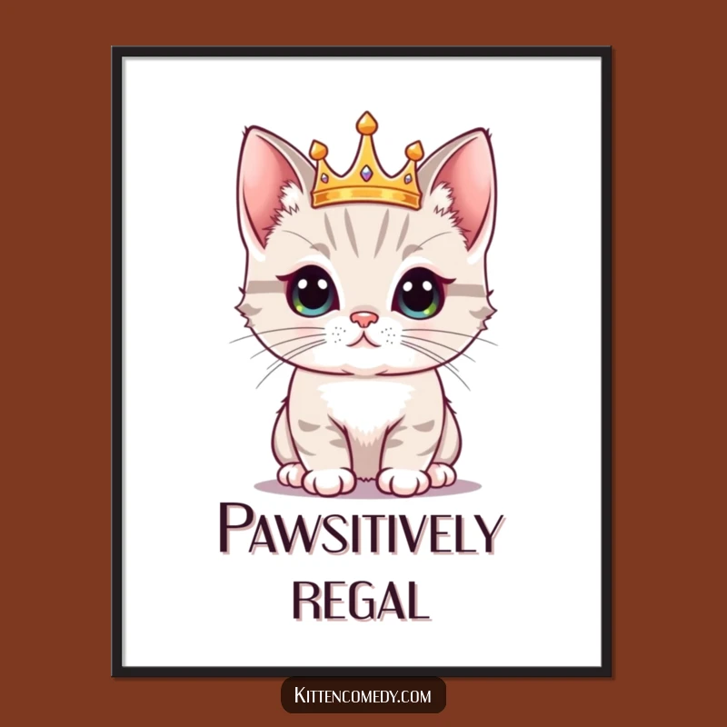 Funny Kawaii Kitten Crown Digital Print: Regal Wall Art, Perfect Funny Gift