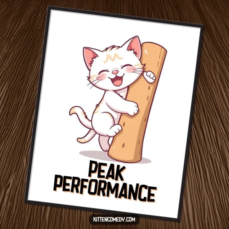 Funny digital art print of a kitten gleefully climbing a scratching post. Energetic and charming wall decor.