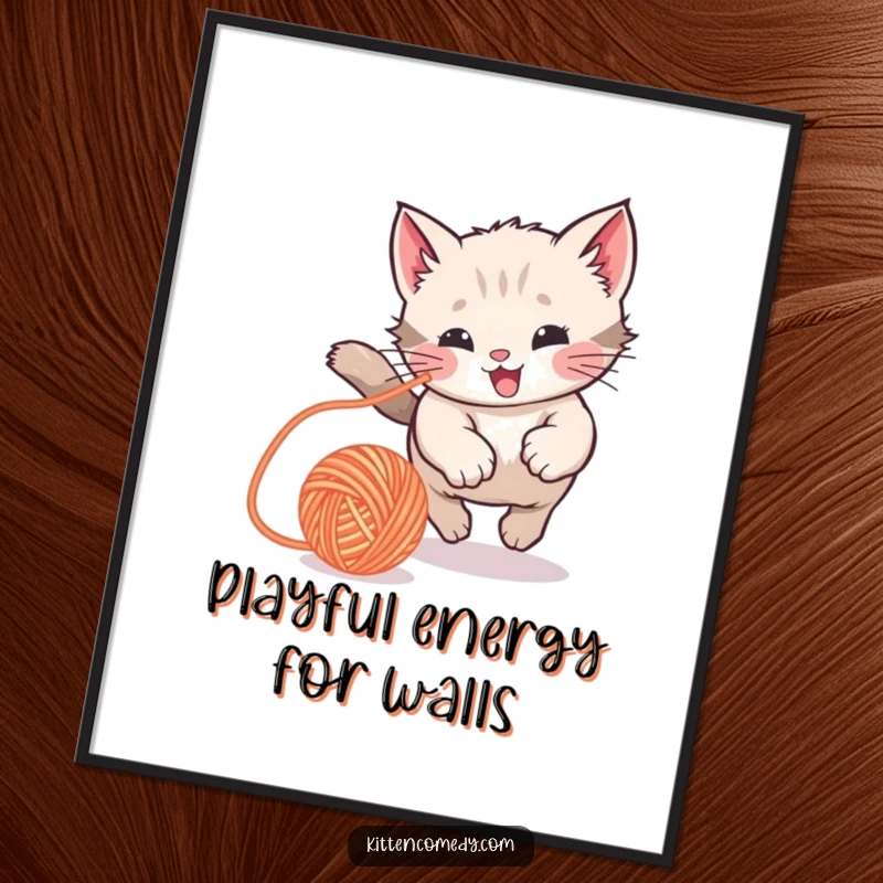 Funny Kawaii Kitten Digital Art: A downloadable print of a kitten joyfully chasing a yarn ball, perfect for playful decor.