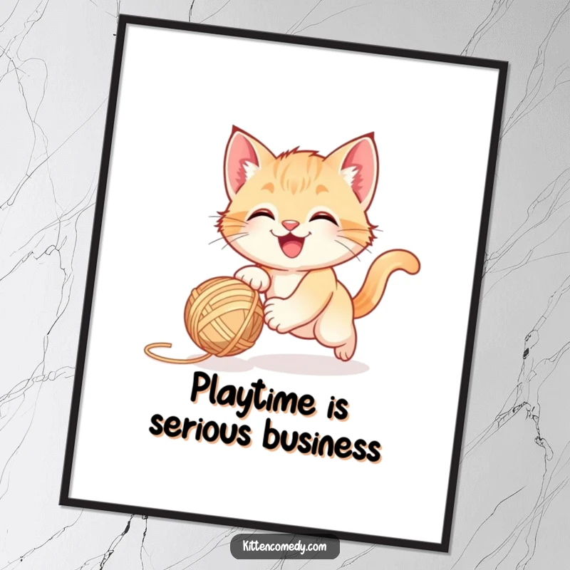Funny happy kitten gleefully chasing a bouncing ball of yarn, printable digital art for a funny gift.