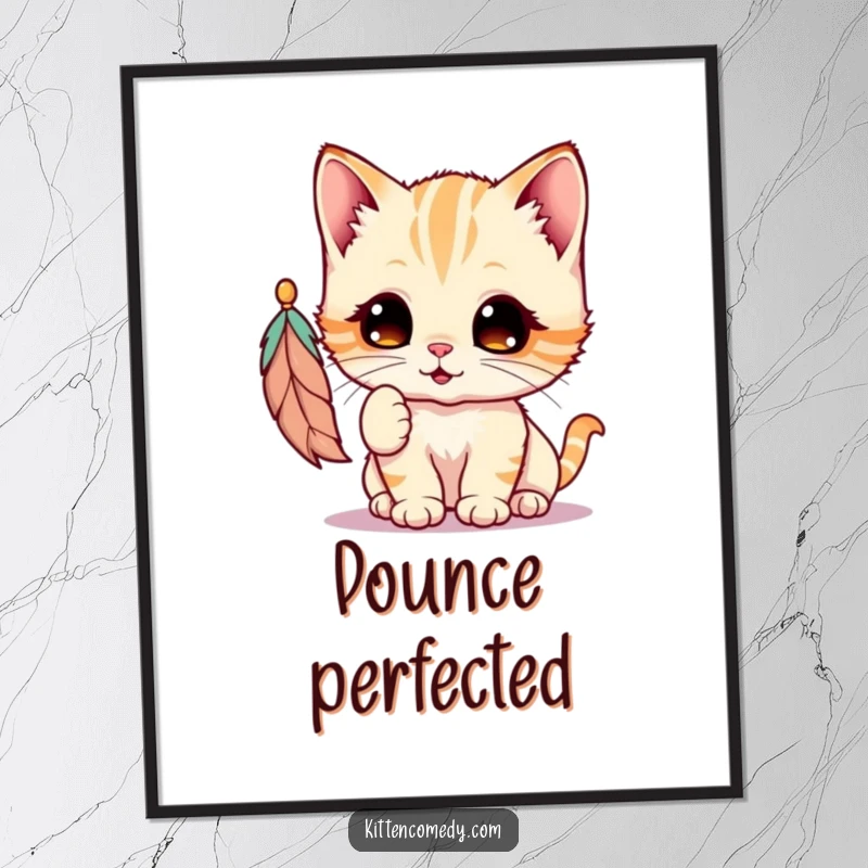 Funny Kawaii Kitten Digital Art Print: An adorable kitten with wide, eager eyes is captured batting playfully at a feather toy.