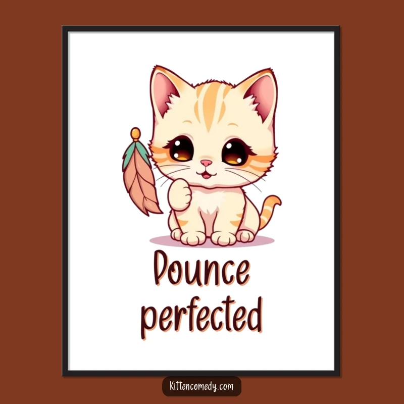 Funny Kawaii Kitten Feather Digital Art Print: Cute Playful Cat Decor