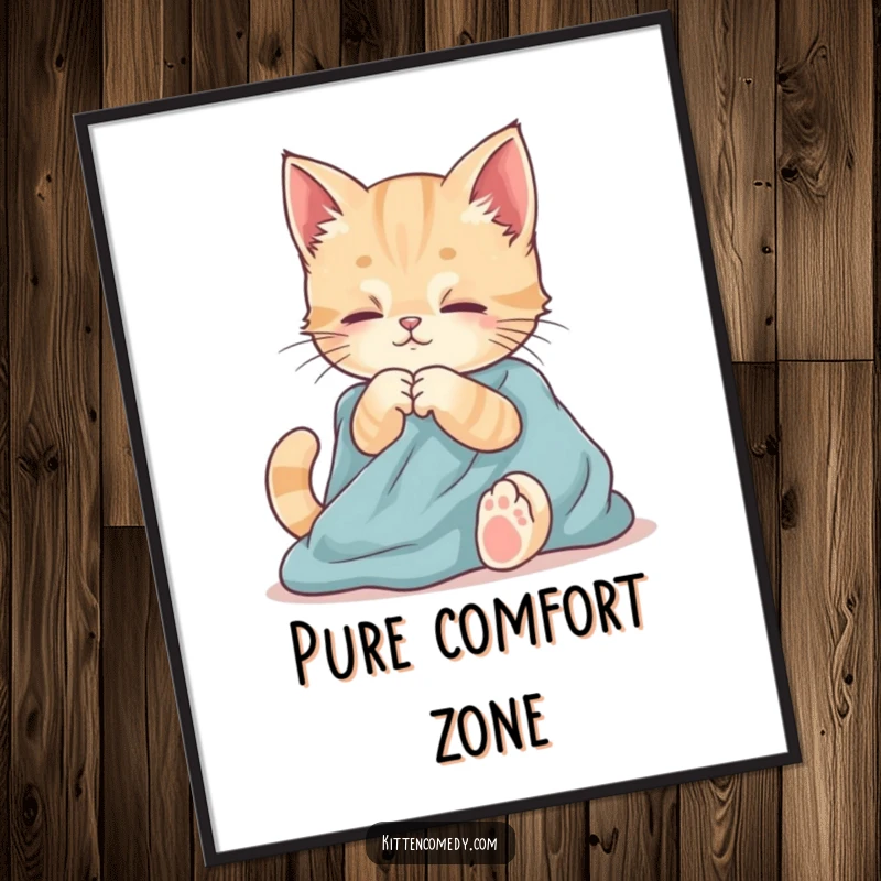 Funny digital art print of a kitten contentedly kneading fabric. Cozy, charming, and heartwarming wall decor.