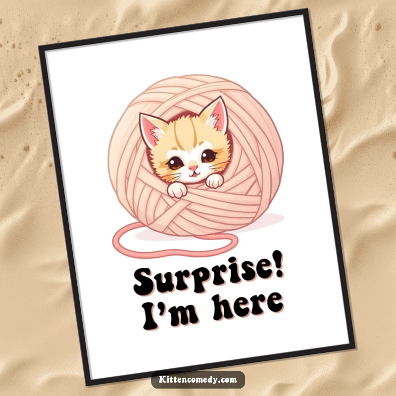 Funny kitten digital art print showing a mischievous kitten peeking from behind a large ball of yarn, offering instant humorous decor.