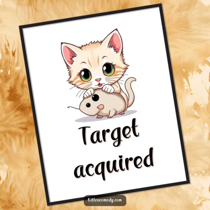 Funny kitten with wide eyes pouncing on a toy mouse, high-resolution digital art print for instant playful wall decor.