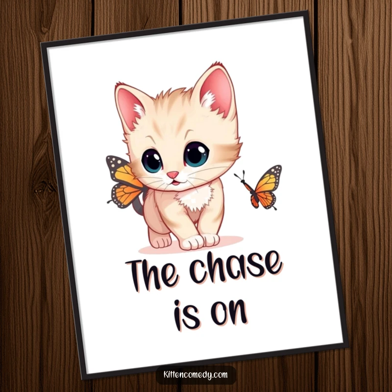 Funny digital art print of a kitten with wide, curious eyes chasing a butterfly, downloadable for charming wall decor.