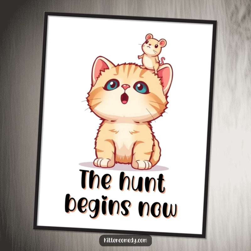 Funny surprised kitten digital art, wide-eyed astonishment at a hovering toy mouse, printable humorous artwork for feline fans.