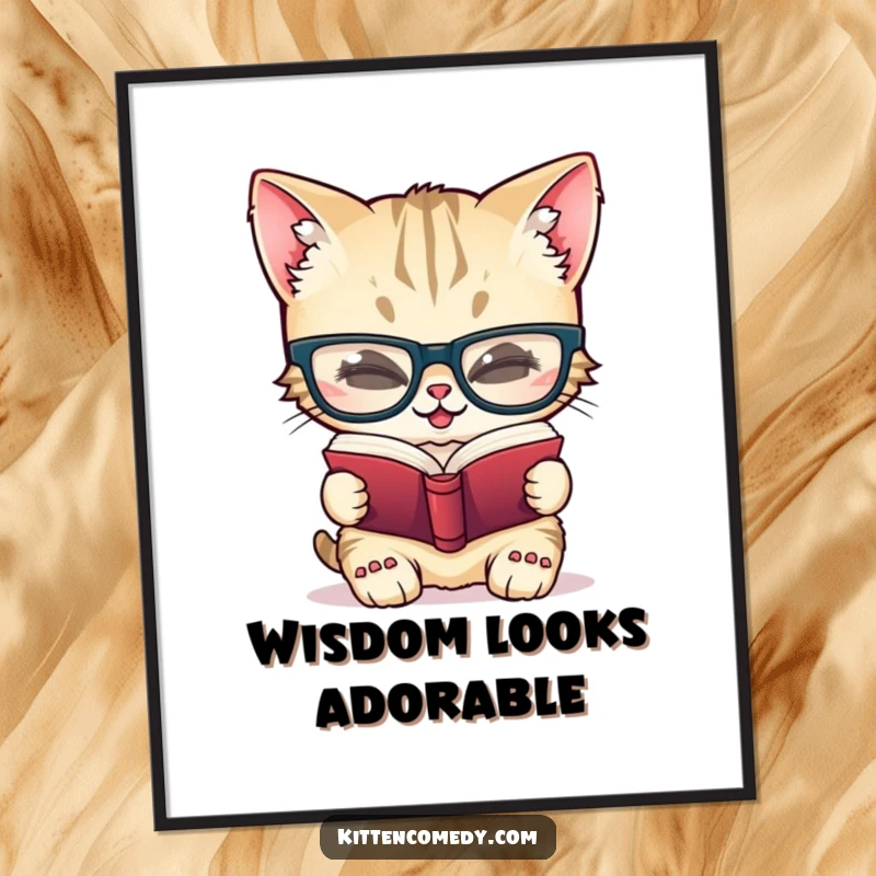 Funny digital art print of a giggling kitten in oversized glasses, reading a tiny book, embodying studious amusement and wit.