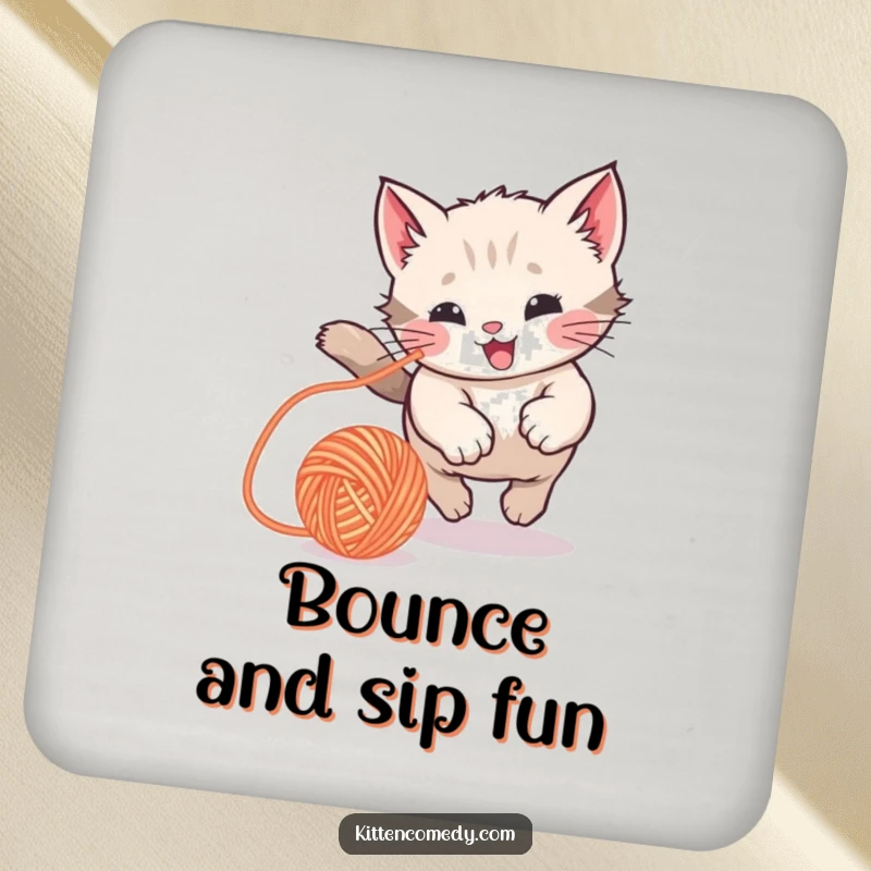 Funny Kawaii Kitten Coasters: A set of coasters featuring a kitten playfully chasing a yarn ball, adding fun and humor.