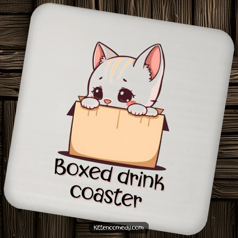 Funny kitten character curiously peeking from a box, featured on a drink coaster, adding a touch of humor to beverage service.