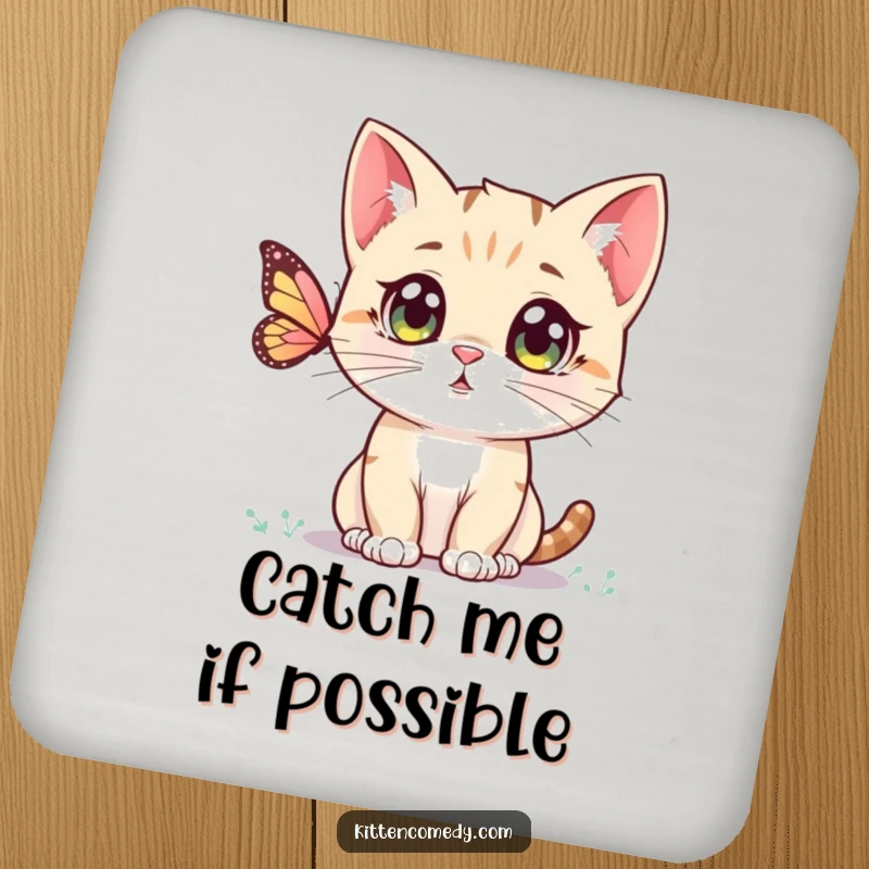 Funny Kawaii Kitten Coaster: A charming coaster featuring a wide-eyed kitten observing a butterfly, protecting surfaces with cuteness.
