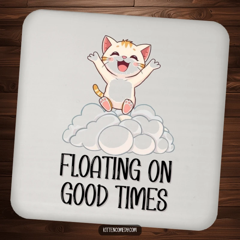 Funny drink coasters featuring an excited kitten character leaping into fluffy clouds, adding a touch of playful delight.