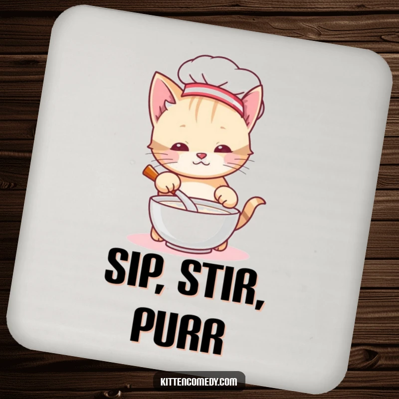 Funny chef kitten drink coaster, a cat chef stirring milk, protecting surfaces with adorable feline humor and kitchen charm.