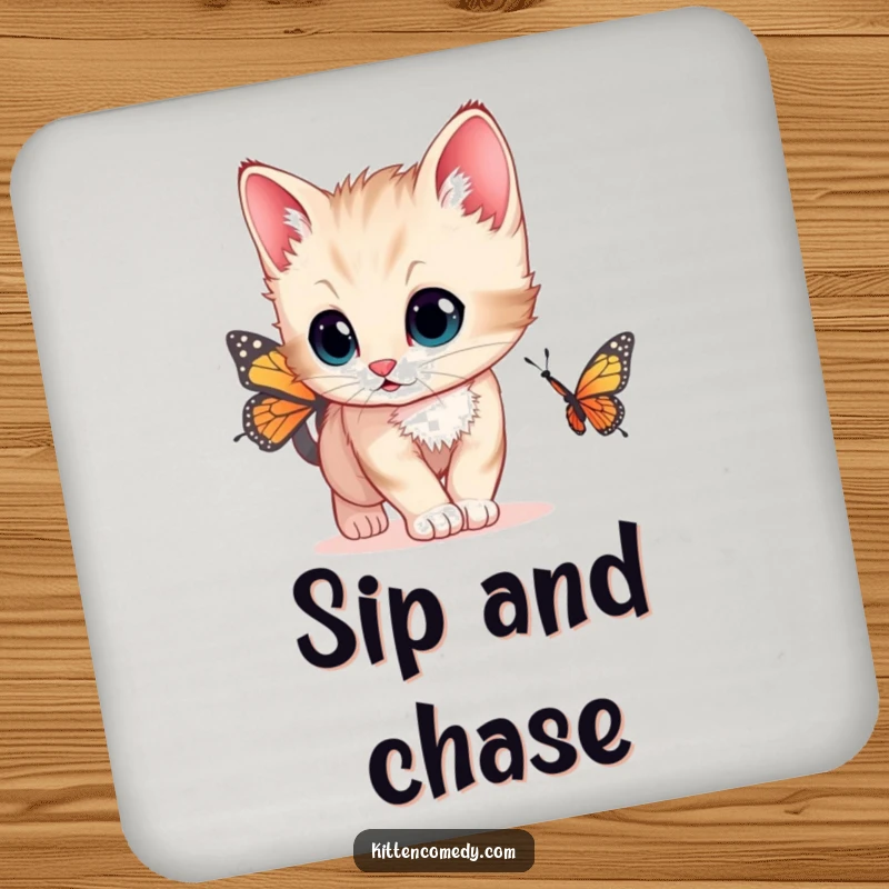 Funny set of drink coasters featuring a kitten with wide, curious eyes chasing a butterfly, protecting tables with charming wonder.