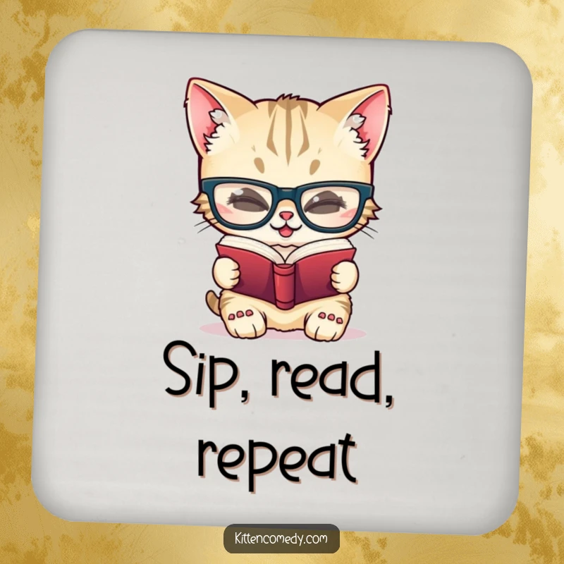Funny drink coasters showing a giggling kitten wearing oversized glasses and reading a tiny book, perfect for smart homes.