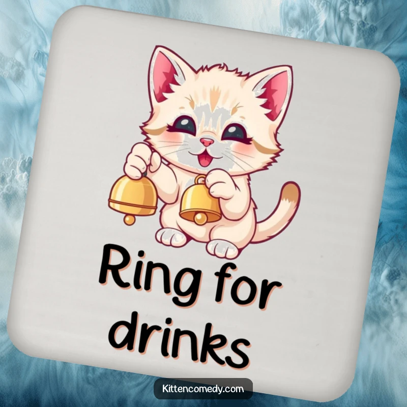 Funny Kawaii Kitten Coaster: A cute kitten eagerly pawing at a dangling bell with pure delight.