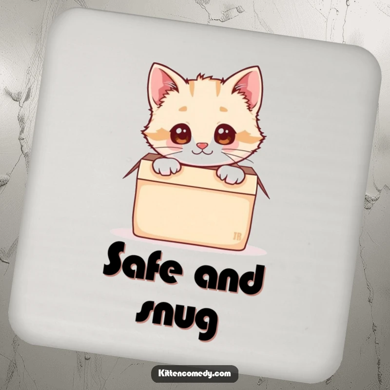 Funny, cute kawaii kitten peeking from a cozy box, featured on these protective and humorous drink coasters.