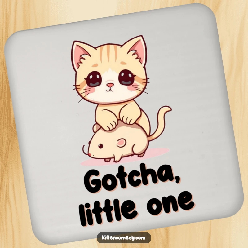 Funny Kawaii Kitten Coaster: A coaster featuring a playful kitten humorously perched on a toy mouse.