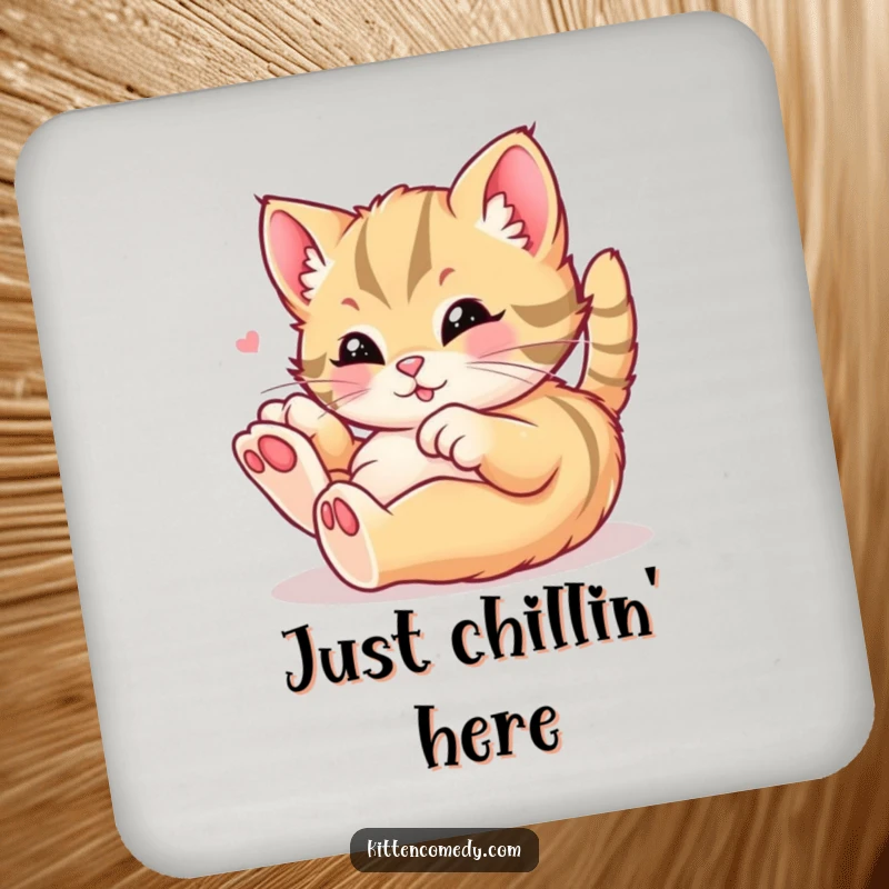 Funny kawaii kitten coaster depicting a cat rolling in playful delight, adding charm and protection to surfaces, a cute funny gift.