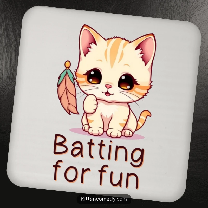 Funny Kawaii Kitten Coaster: A sweet kitten's playful swat at a feather protects drinks and adds charm to any table.