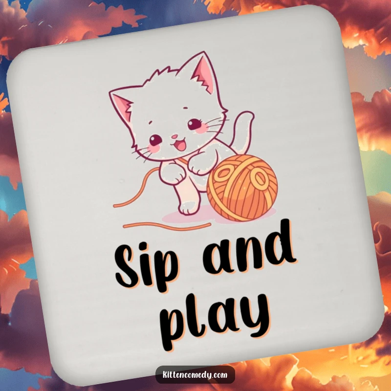 Funny kawaii kitten coaster, playfully chasing yarn, cute and charming, perfect for surface protection.