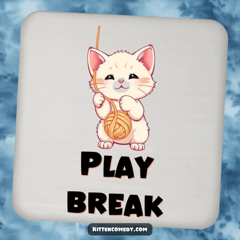 Funny kawaii kitten drink coasters depicting a playful cat batting at a dangling yarn ball.
