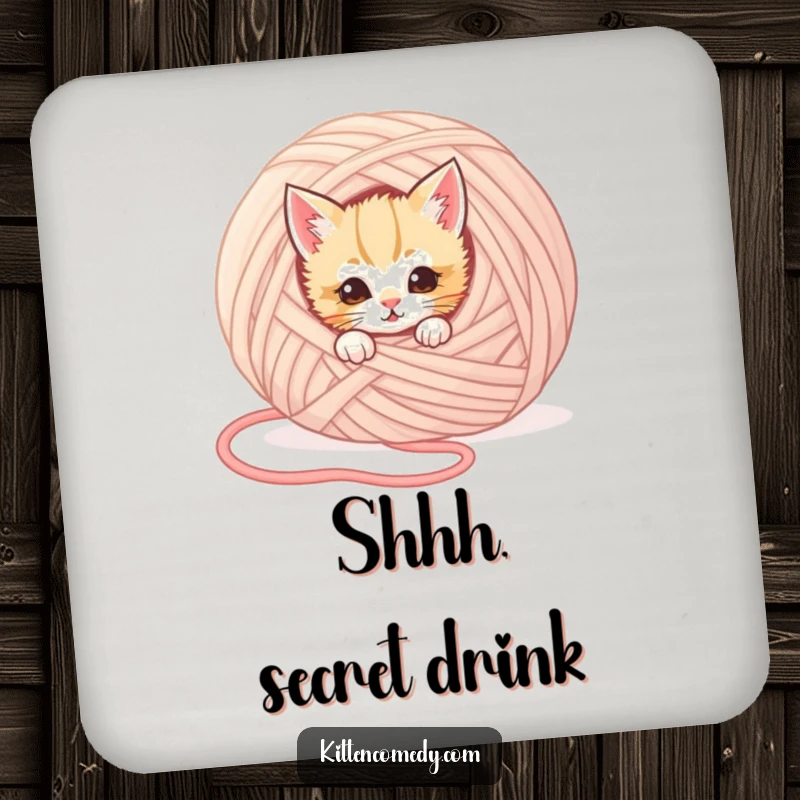 Funny kitten drink coaster depicting a mischievous kitten peeking from behind a giant yarn ball, adding humor to any surface.