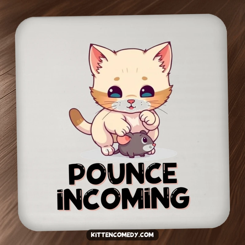 Funny kitten drink coasters depicting a cat's surprise pounce on a toy mouse, adding a humorous and protective touch to any beverage setting.