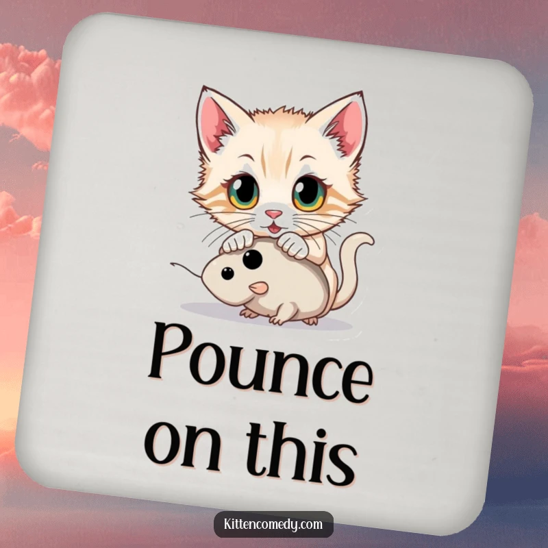Funny kitten with wide eyes pouncing on a toy mouse on a drink coaster, adding a playful touch to tabletops.