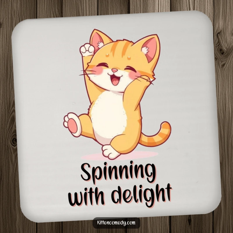 Funny Kitten Somersault Coasters: A joyful kitten doing a happy somersault with its tail up, a humorous coaster set.